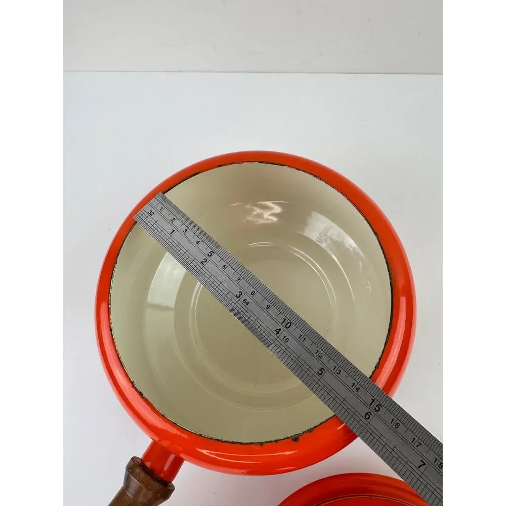 Vintage Bright Enamel Orange Fondue Pot Aluminum Wooden Single Handle with Lid